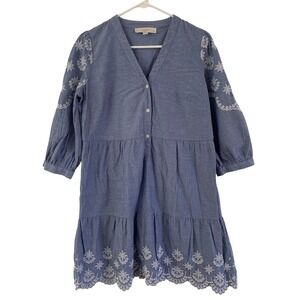 LOFT Petites Blue Cotton Embroidered Tiered Mini Dress 3/4 Sleeve MP SP23 70419